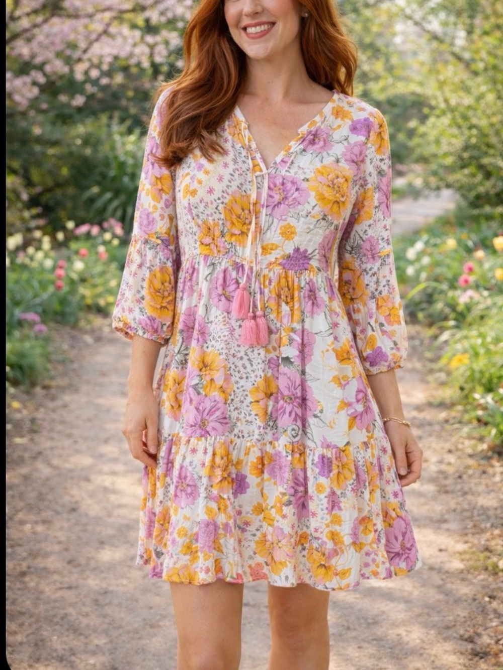Spring 🌸🌸🌻White Floral Boho Tassel Dress - Pink & Orange Flowers